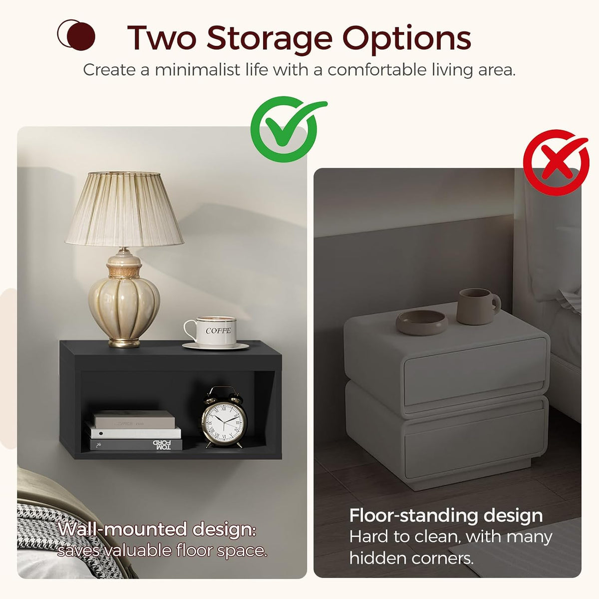 MAHANCRIS Floating Nightstand Set of 2, Wooded Wall Mounted Nightstand, Floating Bedside Table with Open Shelf Cubby, Floating Night Stand Wall Shelf for Bedroom Living Room, Kitchen, Black ETBK4901S2