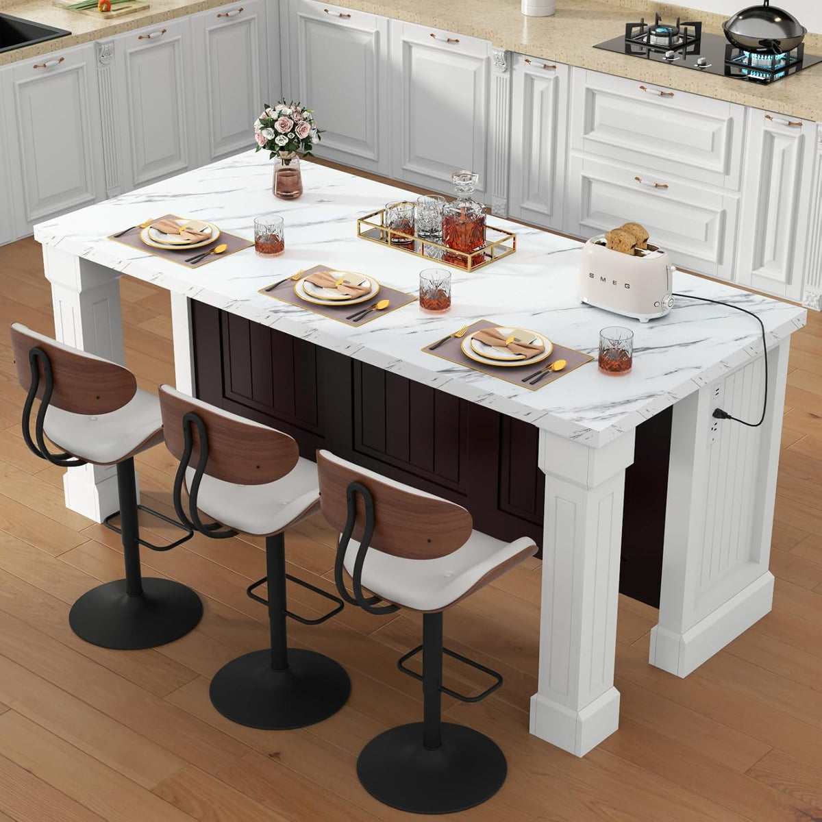 Gyfimoie 71" Large Imitation Marble Dining Table with Roman Column,36" H Island Table with Charging Station,Mordern Kitchen Island,Home Bar Unit for Home Kitchen, Living Room, Balcony, Basement
