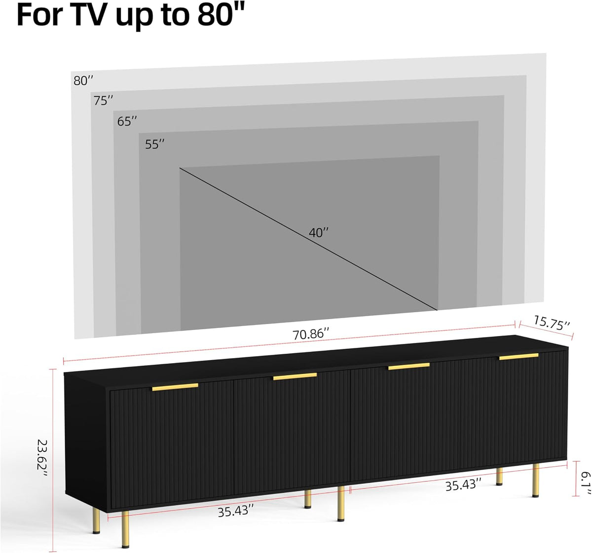 TV Stand for 80 Inch TV, Fluted TV Stand for Living Room, Mid Century Modern TV Stand with Adjustable Shelf, TV Entertainment Center with Storage for Bedroom, 70Inch, Black