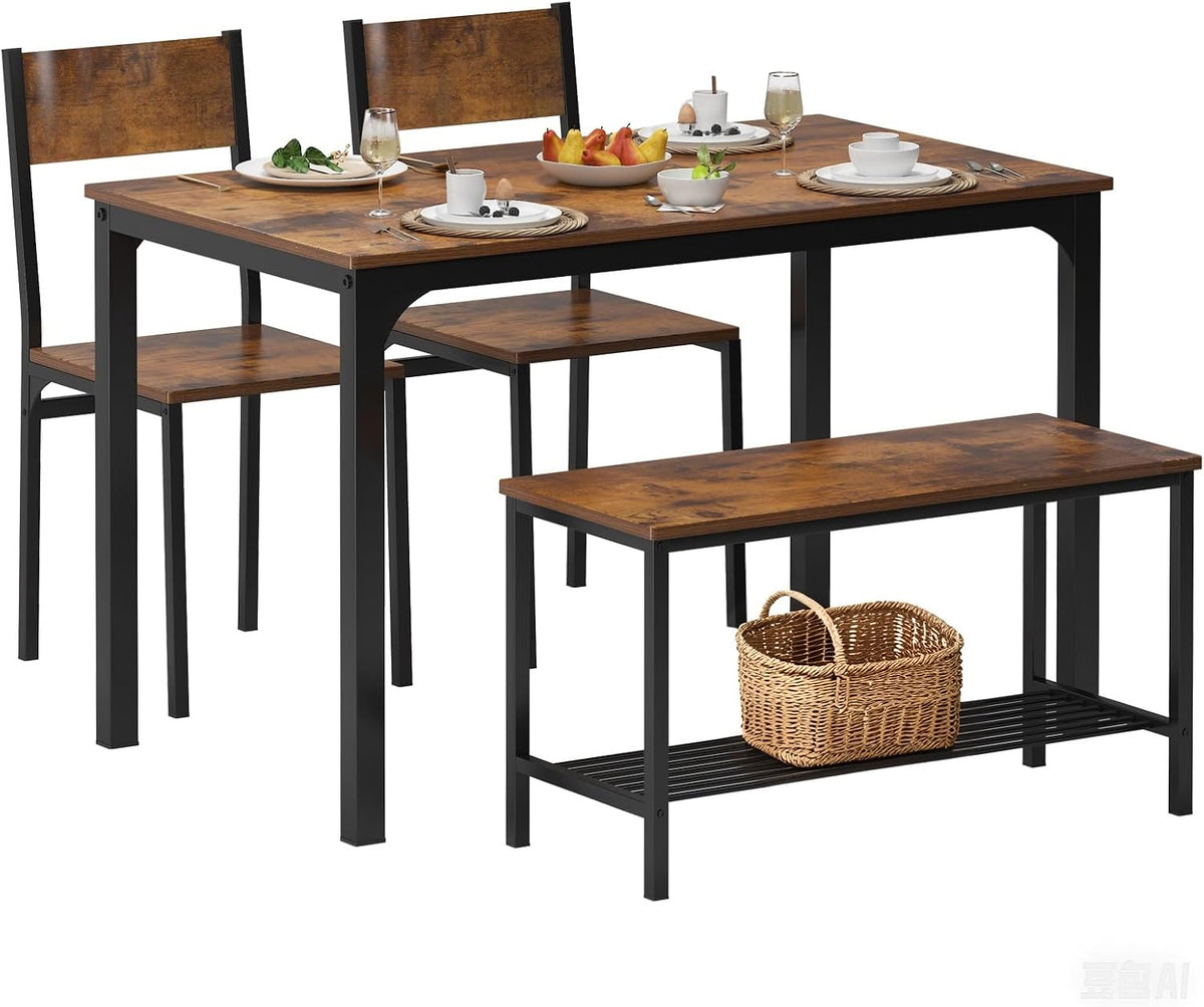 soges Kitchen Nesting Dining Table with 2 Chairs & Bench, Rustic Brown | Modern 43.3 inch Table Set, Black Metal Frame, Space-Saving for Dining Room, Restaurant, Apartment, Easy Assembly