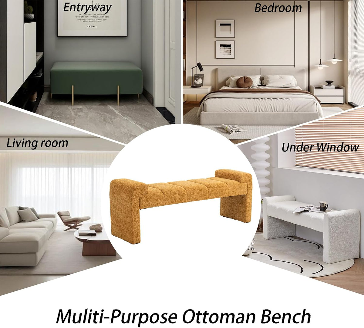 Boucle End of Bed Bench Upholstered Modern Bedroom Bench Channel Tufted Window Bench Comfy Long Ottoman for Living Room/Hallway/Indoor (Mustard, 60" Curved Arm)