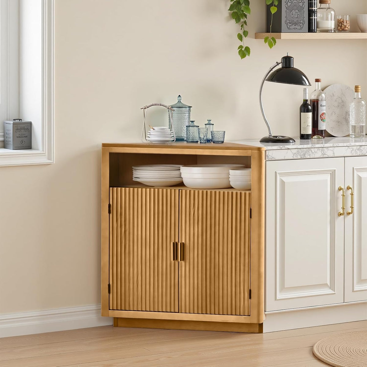 Ahokua Corner Storage Cabinet with Fluted Hand-Carved Doors, riangular Accent Cabinet with Adjustable Shelf & Gold Handles for Living Room or Entryway, Boho Style, Warm Oak