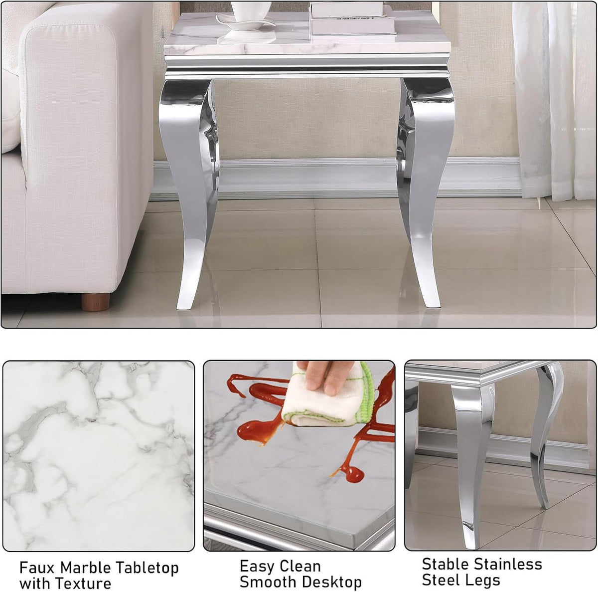 Henf 23in Square End Table Faux Marble End Table w/Stainless Steel Legs,Luxury Sofa Side Table Tea Table for Living Room Office, Nightstand Bedside Table for Bedroom, White and Silver End Side Table