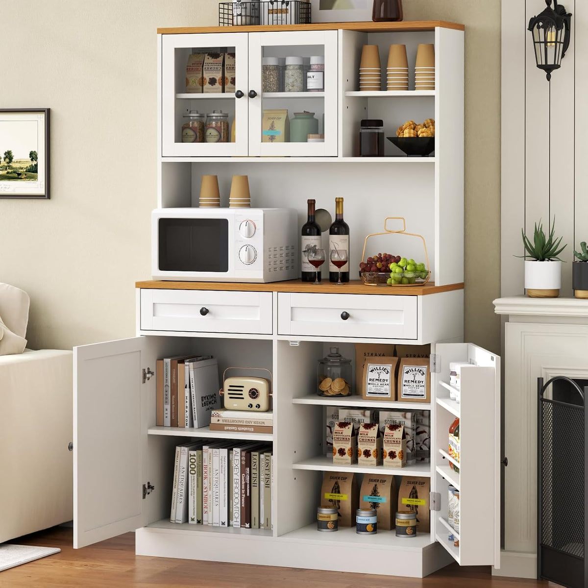 Tall Kitchen Pantry Cabinet, Modern Kitchen Hutch with Microwave Stand | Pantry Storage Cabinet with 2 Darwers & Door Shelf, Food Pantry with Glass Doors & Adjustable Shelves for Dining Room, White