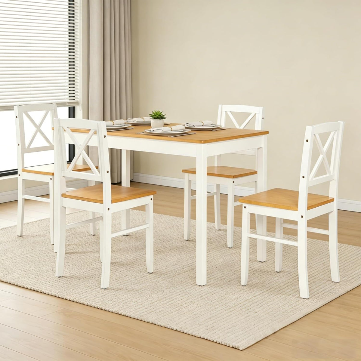 Harper & Bright Designs 5-Piece Dining Table and Chair Set for Apartment or Kitchen, Solid Rubberwood Kitchen Table Set, Space-Saving Design, Chairs Slide Under Table, Easy to Clean (Natural White)