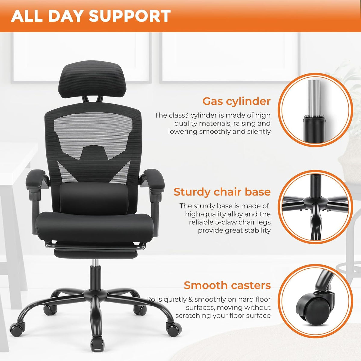 Sweetcrispy Ergonomic Office Chair, Computer Desk Chair with Lumbar Support | High-Back Mesh, 360° Rolling Work, Swivel with Wheels, Comfy Arms, Home Bedroom Study, Black