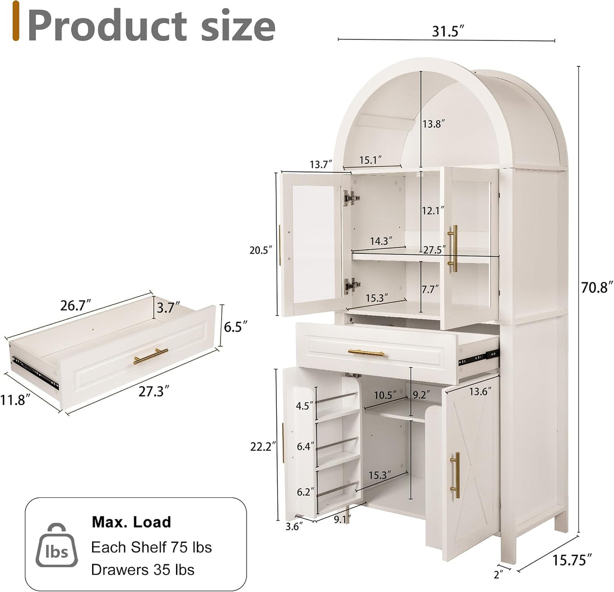 GDFStudio 71" Tall Arched Cabinet with Glass Door & Barn Door Design, Modern Farmhouse Storage Cabinet with Adjustable Shelves - White