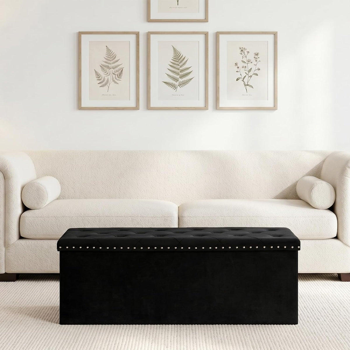 PINPLUS Folding Storage Ottoman Bench, Black Velvet | Large Storage Chest with Padded Seat, Footrest Stool and End of Bed Bench for Bedroom, Living Room and Entryway