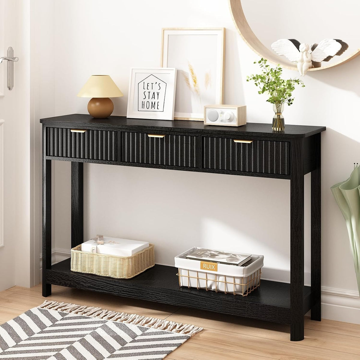 HOKYHOKY Fluted Console Table with Drawers, Modern 47.1" Entryway Table with Storage Shelf, Boho Narrow Skinny Behind Couch Wood Sofa Table for Living Room Hallway Entrance Foyer, Black