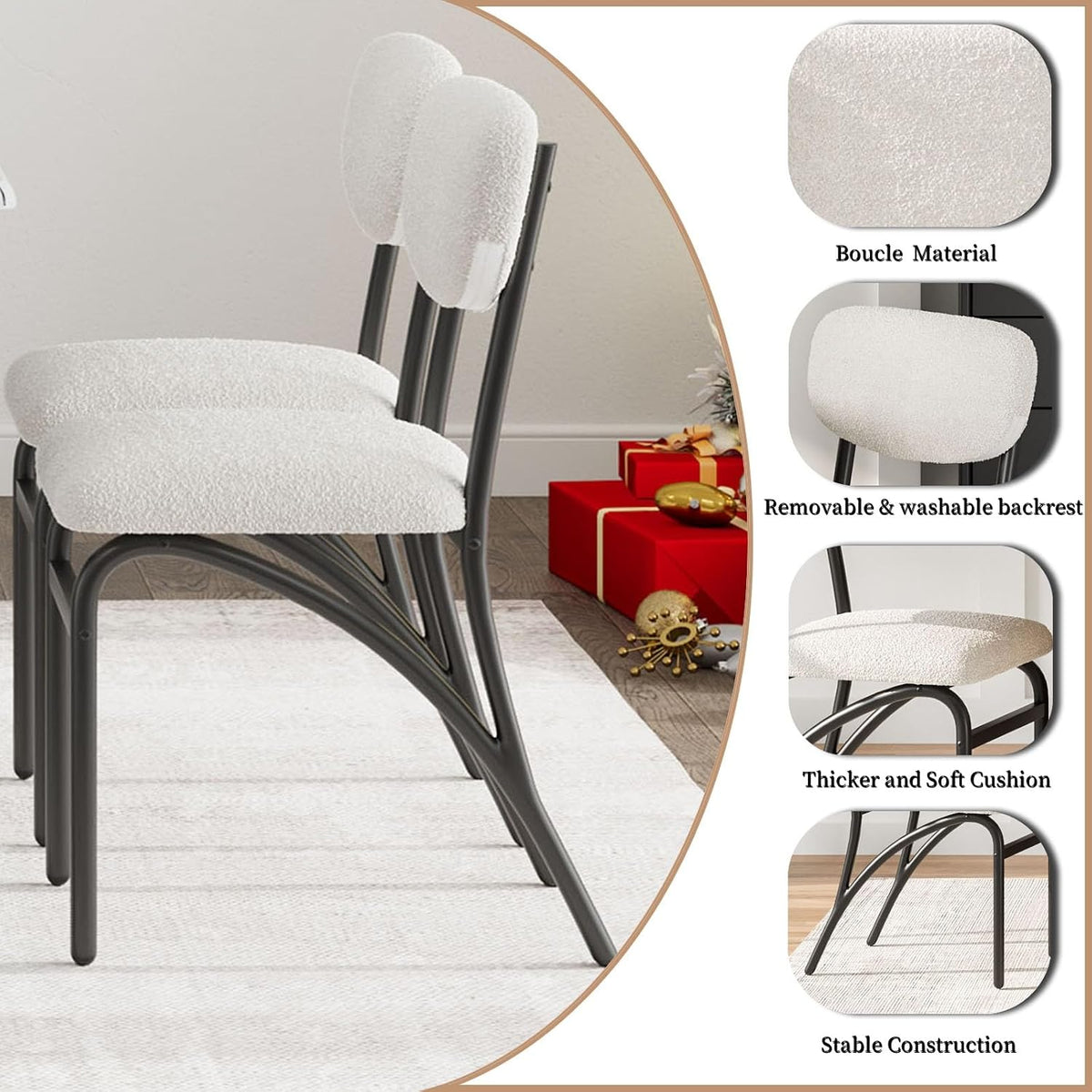 5-Piece Dining Table Set for 4, Modern Kitchen Table with 4 Boucle Chairs, Rectangular Dining Table with Storage Shelf & Marble Tabletop, Beige Home Dining Furniture for Small Space, Beige+White