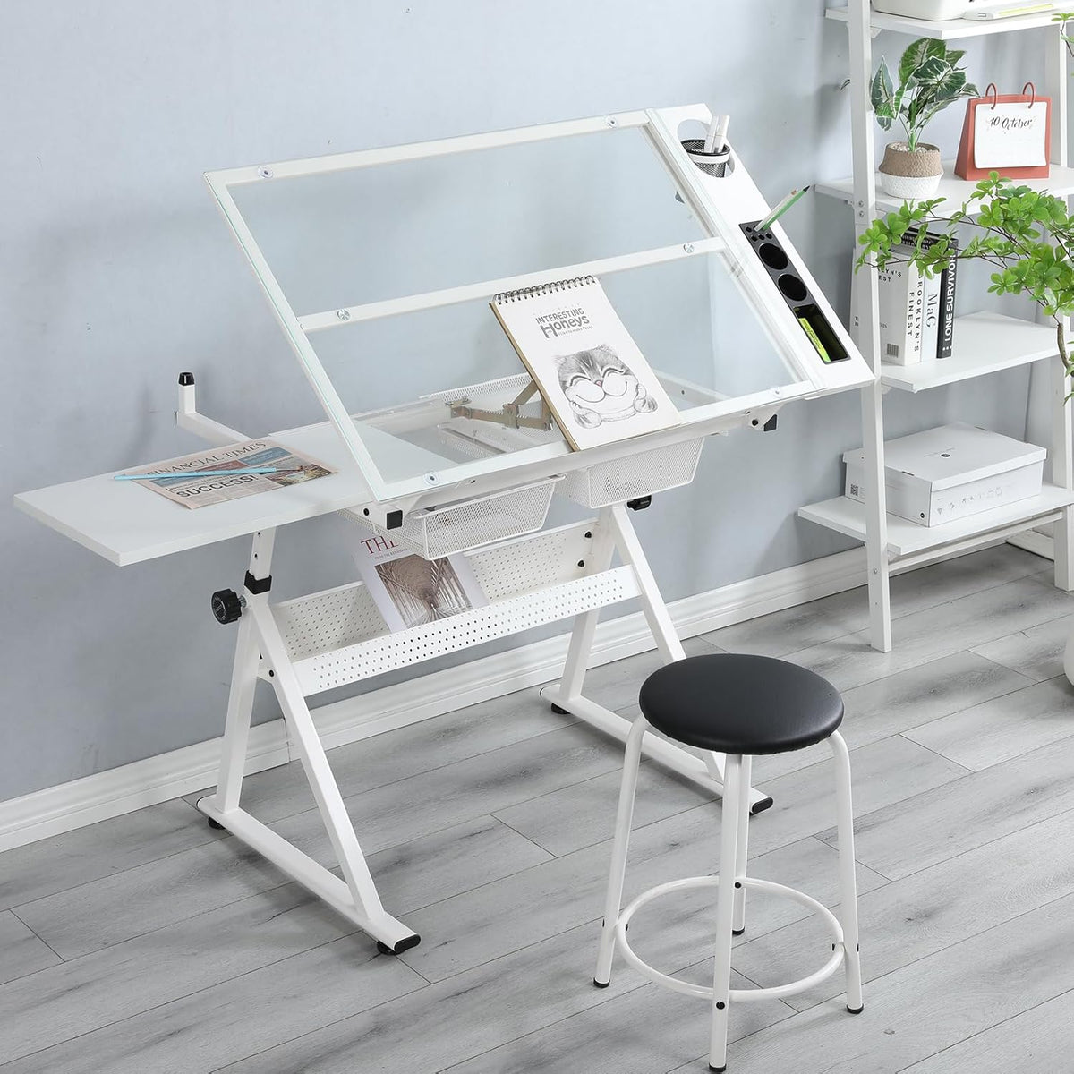 Drafting Table w/Stool, Height Adjustable Drawing Table, Multifunctional Art Craft Paintings Work Station w/2 Storage Drawers Artists Desk Tilting Glass Tabletop for Home Office Black (White)