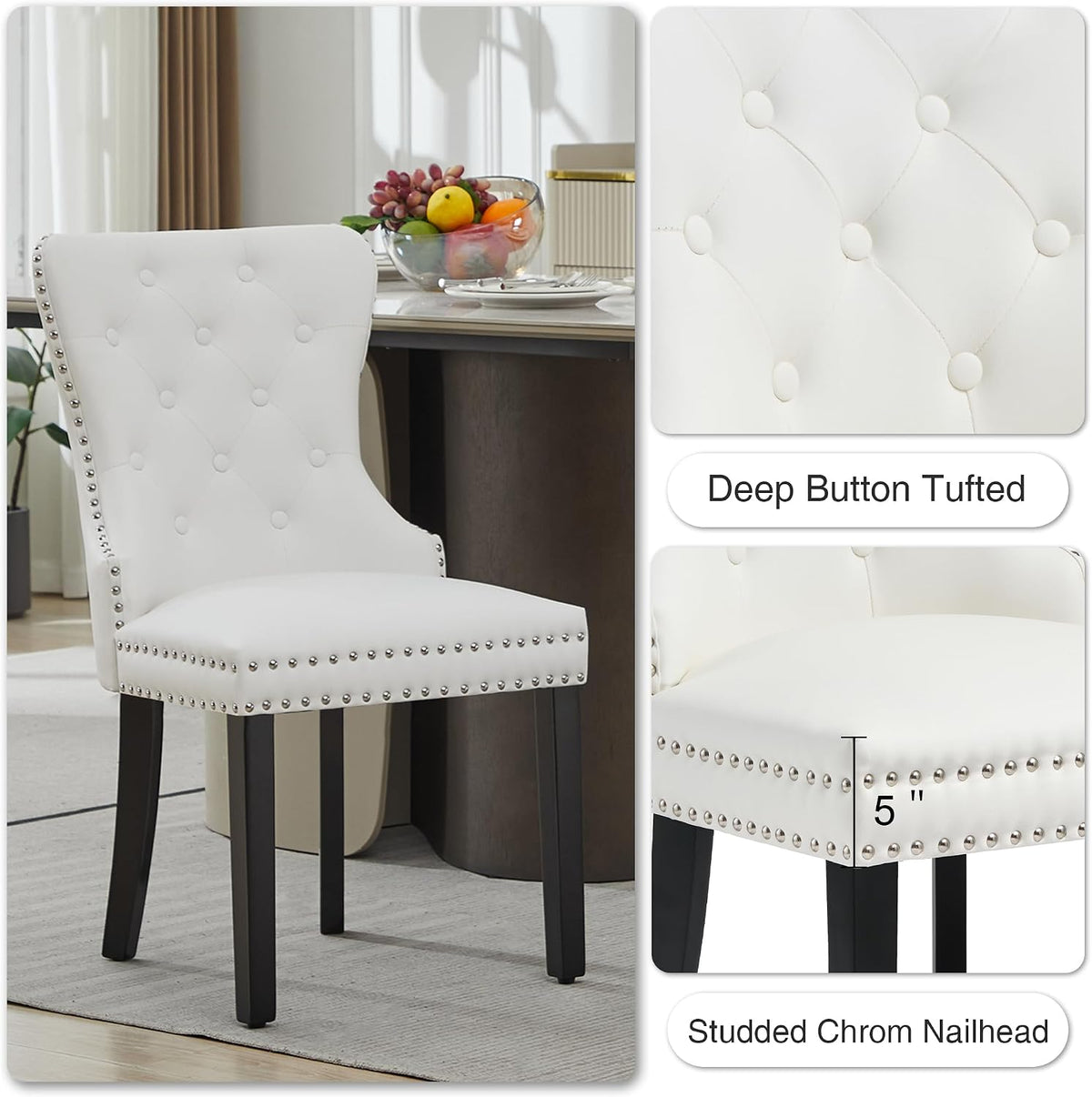 PU Leather Dining Chairs Set of 4, Upholstered Dining Room Chairs with Solid Wood Legs & Back Ring Pull Trim Ring, Modern Dining Chairs Perfect for Dining Room,Living Room,Kitchen, White
