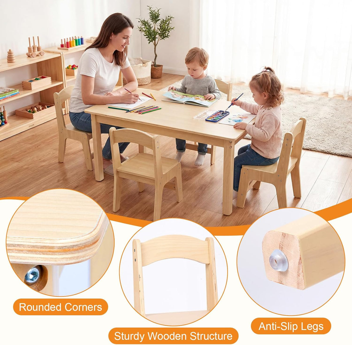 Toddler Table and Chair Set, Anti-Slip Legs & Rounded Corners, Sturdy Wooden Kids Table and Chairs for Eating, Learning and Playtime【44.3inch L*21.65 inch W】(1 Table and 4 Chairs)