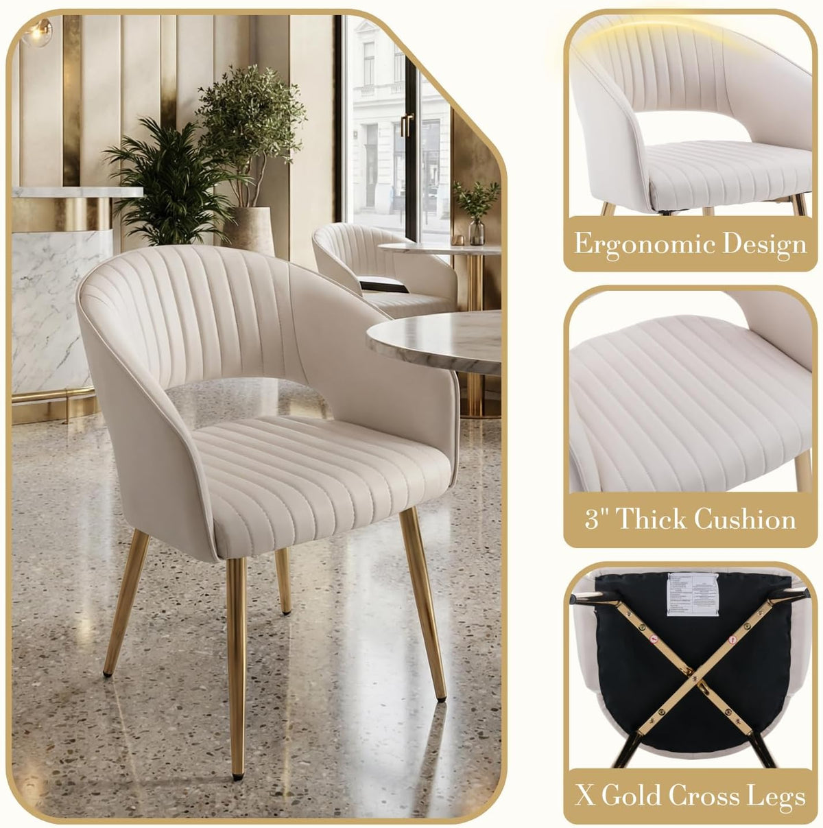 Modern Dining Chairs Set of 4, Upholstered PU Leather Dining Room Chairs with Gold Metal Legs, Accent Kitchen Chairs with Curved Backrest for Living Room, Cream
