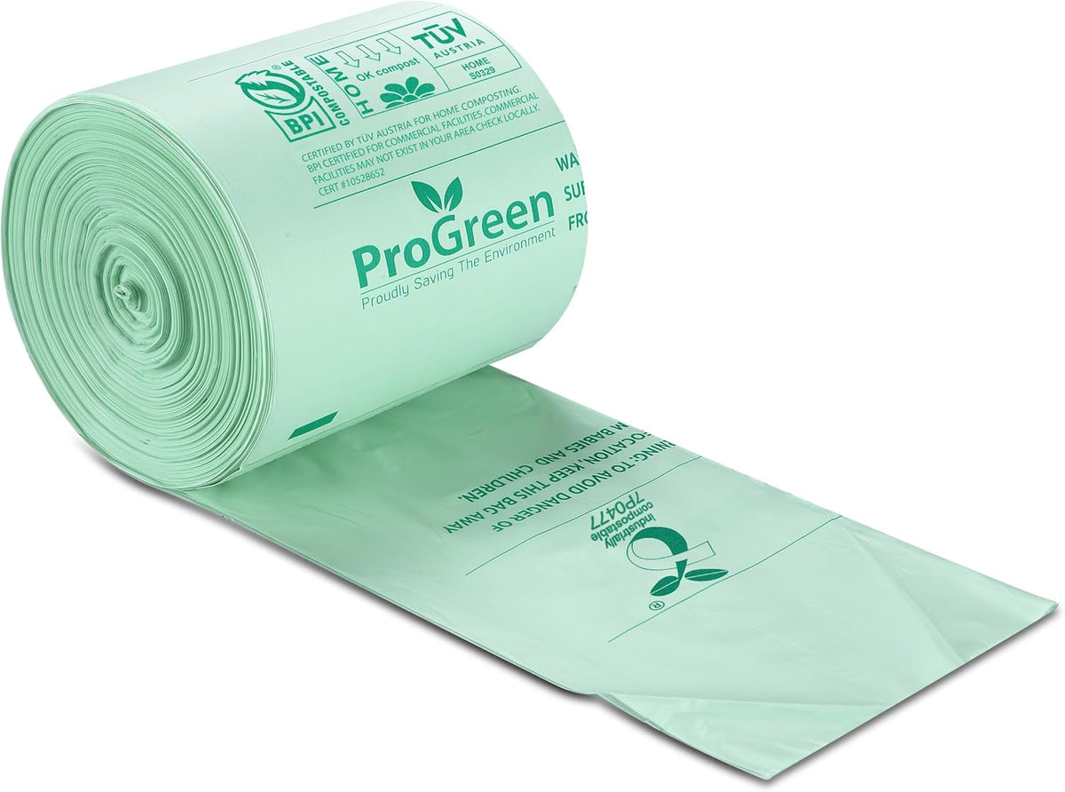 ProGreen Compostable Trash Bags, Extra Thick, Compost Kitchen Bin Bags, Food Scraps Yard Waste Bags, ASTM D6400 BPI and TÜV AUSTRIA Certified (8 Gallon, Pack of 100)