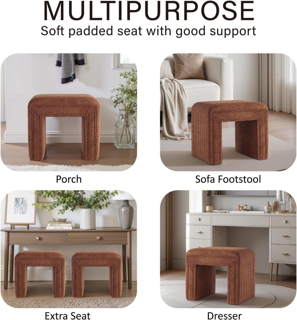 Get Set Style Vanity Stool Chair,Modern Boucle Ottoman Foot Stool with Wooden Legs Sofa Bench Footstool Extra Seat for Vanity,Makeup Room,Living Room,Entryway,Office (Fully Assembled) (Brown)