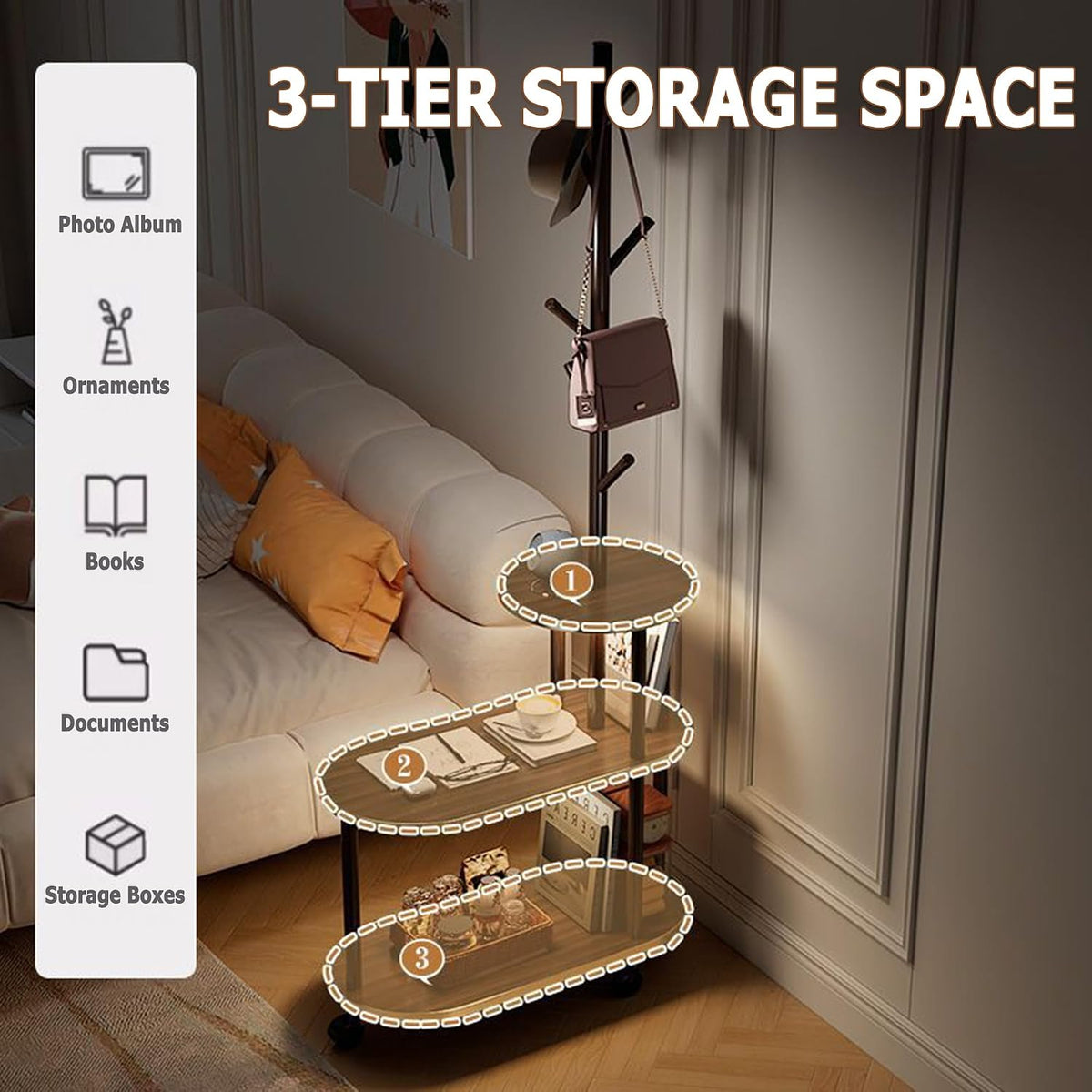 360° Swivel Side Table for Small Spaces End Table with 3-Tier Storage 66" Tall Couch Tables with Coat Rack for Bedroom Living Room Bedside Entrance (White)