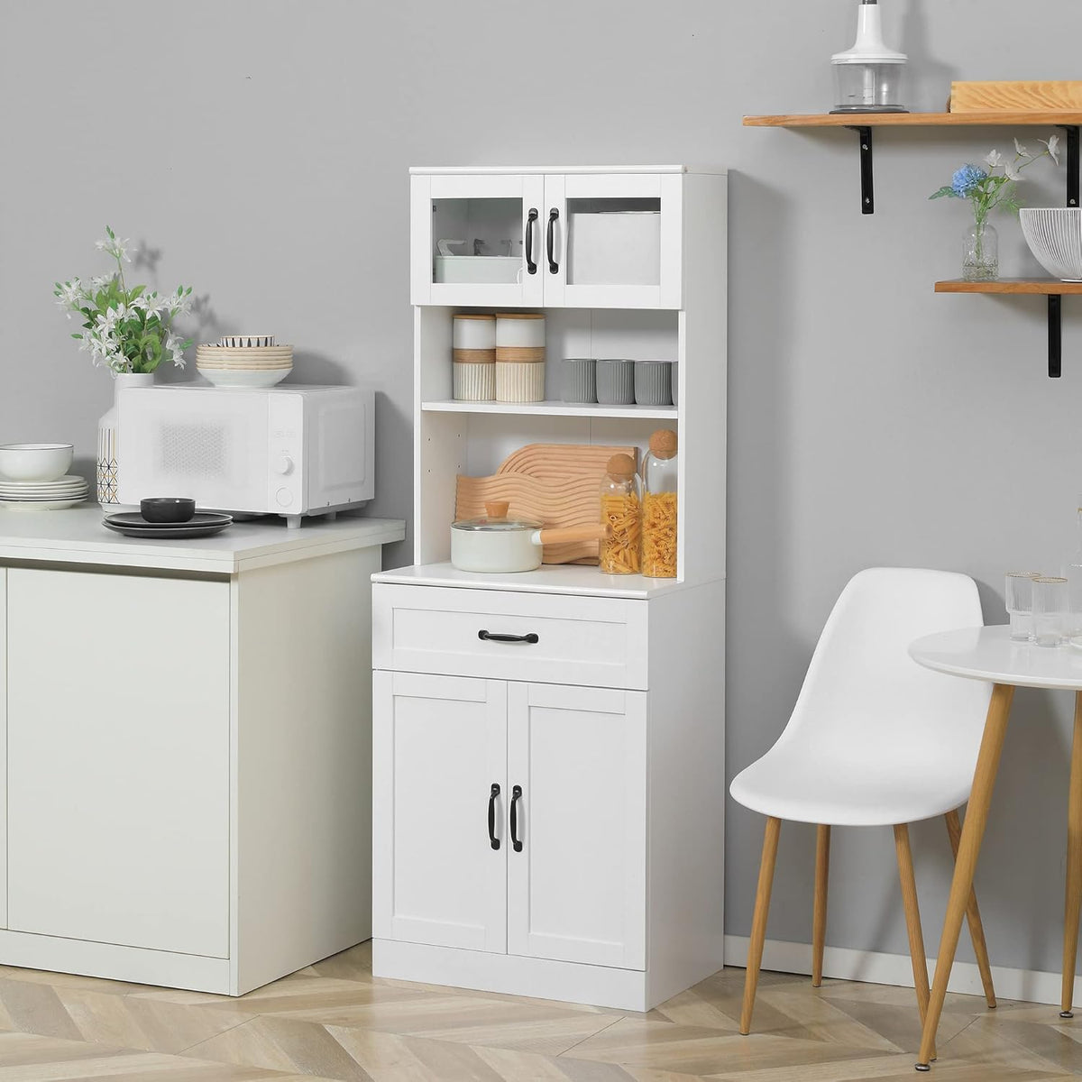 HOMCOM 63.5 Inches Freestanding Kitchen Pantry, 4-Door Buffet Cabinet with Hutch, Coffee Bar Storage Cabinet with Adjustable Shelves, White