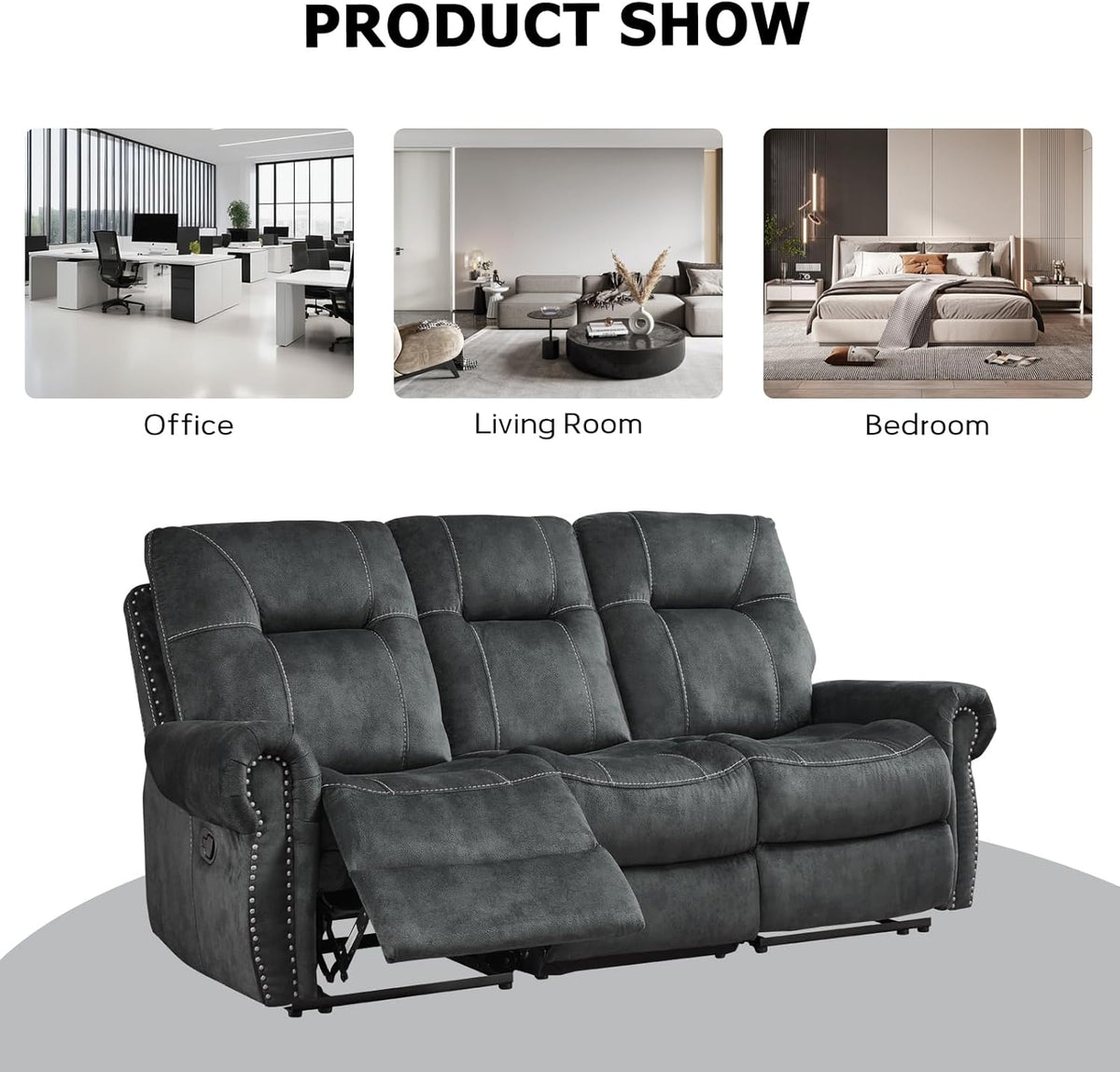 EBELLO 3 Pieces Reclining Couch Furniture Set for Living Room, Double 1 Seat Power Recliner Chair with Massage and Heat, a 3 Seater Manual Sofa, Vintage Rivet Mid-Century Design, Grey