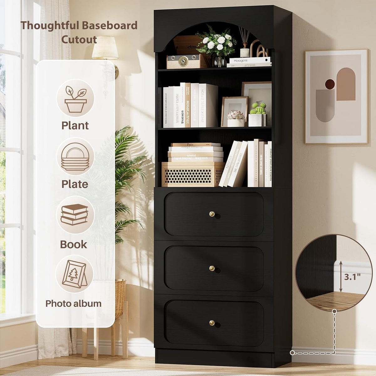 Cyclysio 80" Kitchen Pantry Cabinet with 6 Drawers, Wide Arched Kitchen Storage Cabinets with 6-Tier Open Shelves, Wood Floor Cupboard with Seamless Fit Wall for Living Room, Kitchen, Bathroom