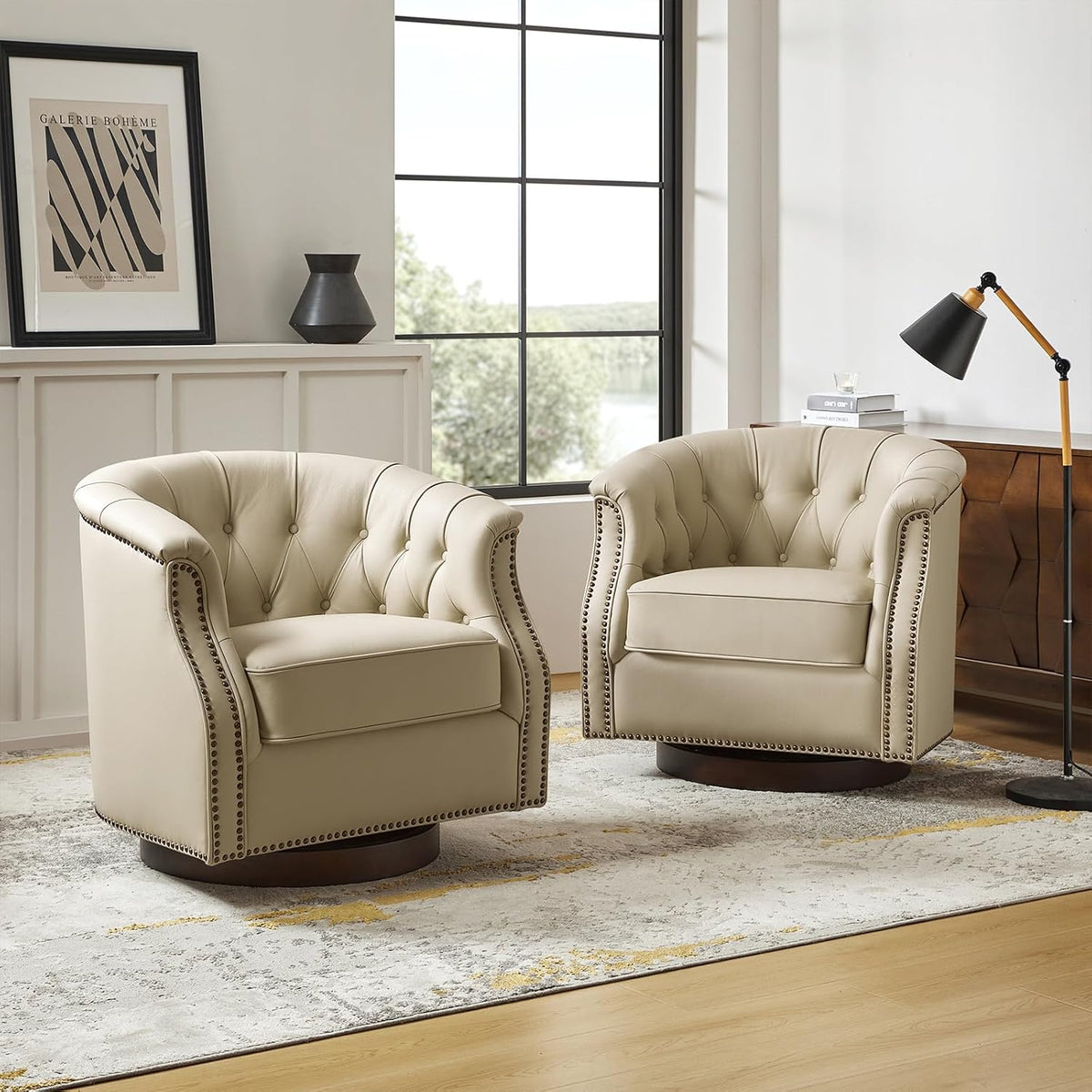 HULALA HOME Genuine Leather Swivel Rocker Chairs, Fully Assembled, Beige | Set of 2 Leather Swivel Accent Chairs, Traditional Chesterfield Barrel Chairs with Button-Tufted Design, for Living Room