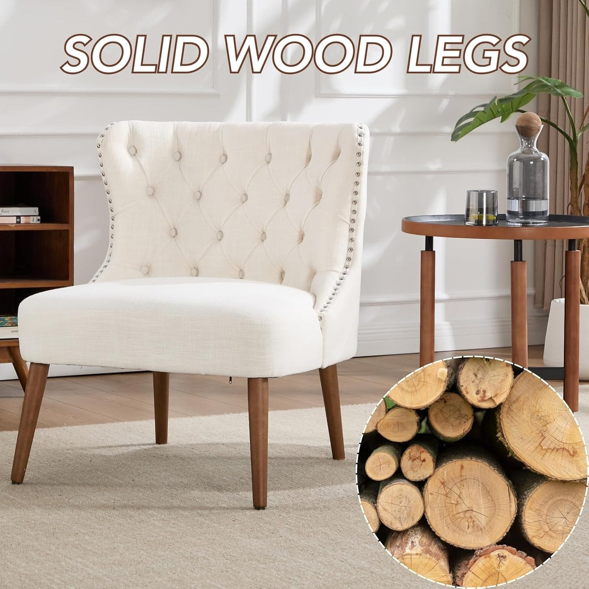 chairus Tufted Slipper Accent Chairs Set of 2, Linen Upholstered Armless Living Room Chairs with Nailhead Trim, Mid-Century Modern Wingback Side Chairs for Bedroom Office Reception, Cream White