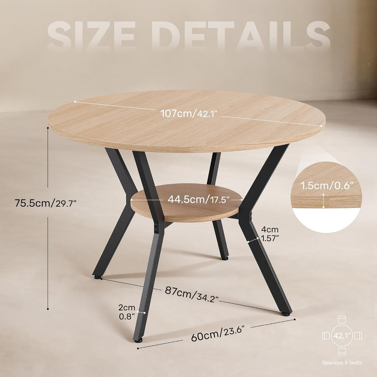 Miereirl 42.13" Round Dining Table for 4, Modern Kitchen Table with Open Storage Shelf, Wood Dining Table for Dining Room, Apartment, Small Spaces
