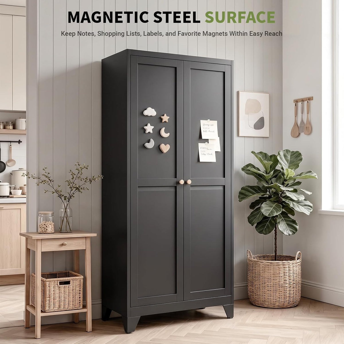 71" Metal Kitchen Pantry Cabinet with 4 Adjustable Shelves & Doors | Freestanding Metal Storage Cabinet with Adjustable Leveling Feet for Kitchen, Pantry & Dining Room, Black