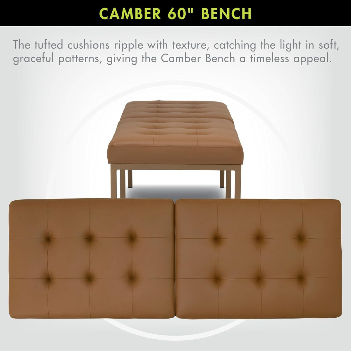 Studio Designs Home Camber Modern Dining Room 60" with Chrome Legs and Tufted Faux Leather, Entryway or Livingroom Accent Bench, Bronze/Caramel