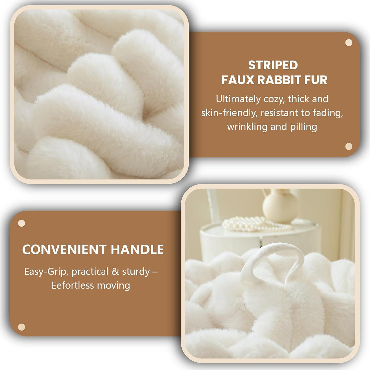 MEGO 3FT Fluffy Faux Rabbit Fur Bean Bag Chair Cover, No Filler, Beige | Plush Ribbed Stuffed Animal Bean Bag Storage, Washable & Anti-slip, Decor Furry Striped Large Beanbag Cover for Girls Adults