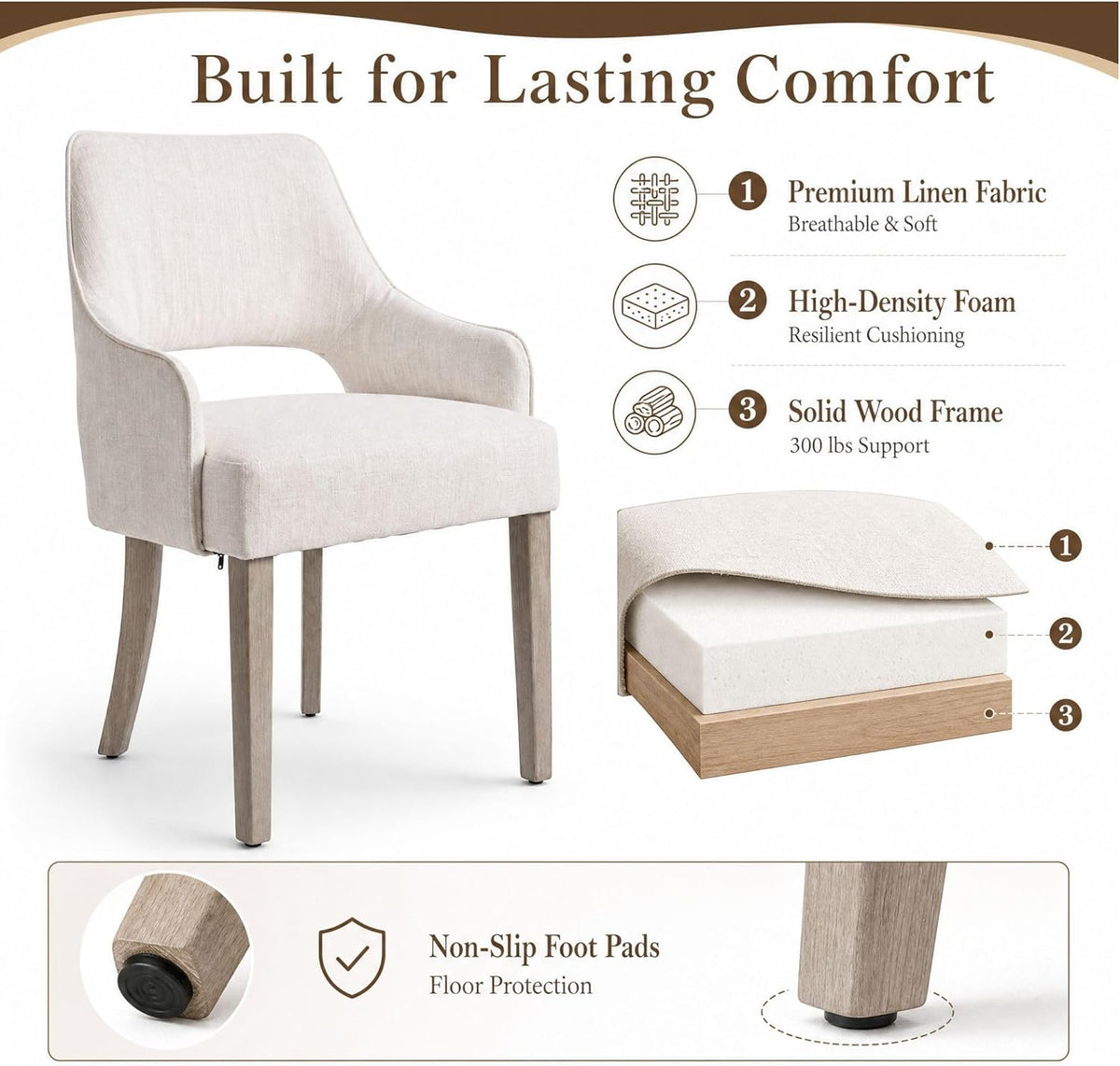 Dining Chairs Set of 2 Linen Upholstered Accent Kitchen Chair with Hollow Back/Padded Seat/Wood Legs for Dining Room Restaurant Home Decor, Beige