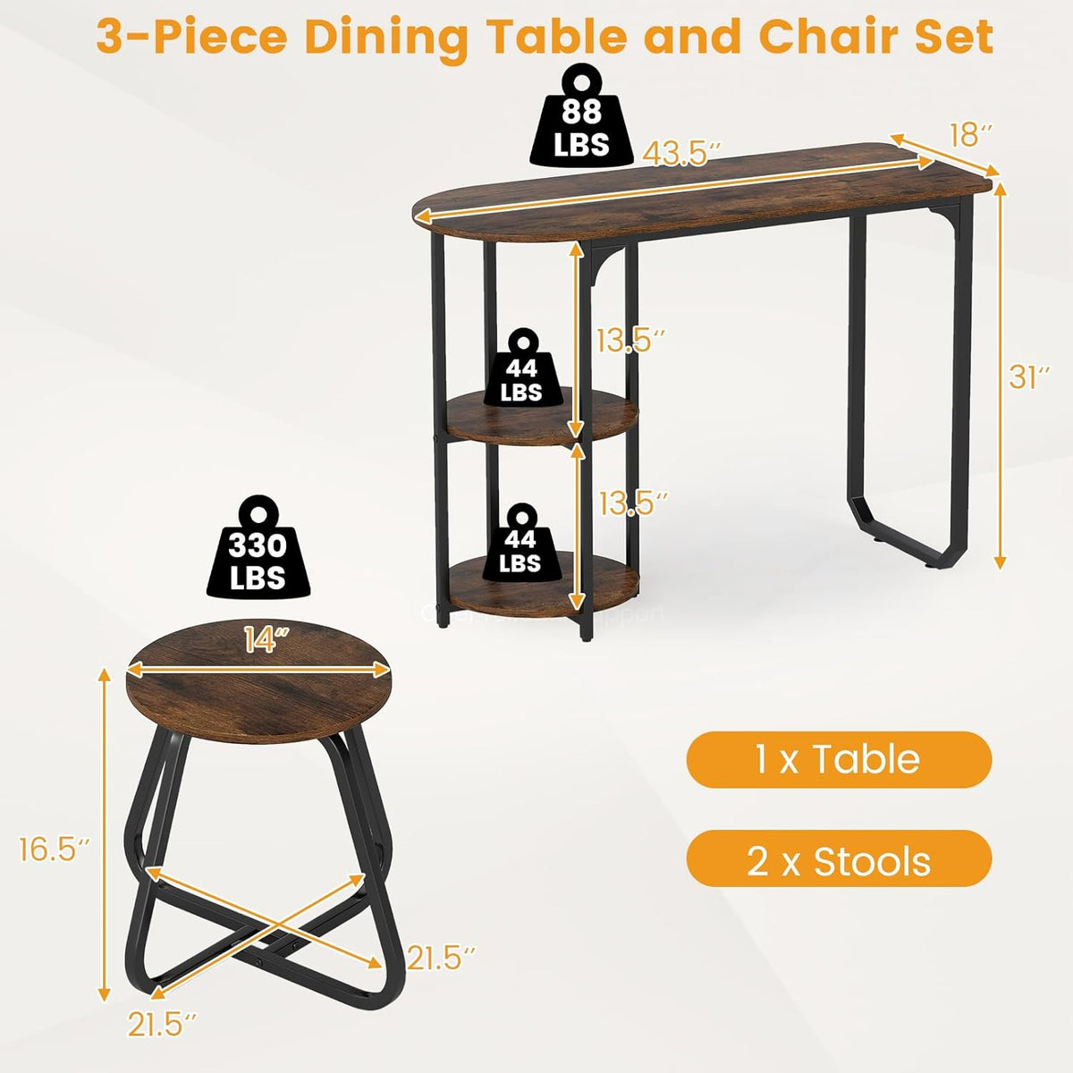 GOFLAME 3-Piece Dining Table Set, Wooden Industrial Kitchen Table and 2 Stools with 2-Tier Storage Shelves and Metal Frame, Space Saving Dinette Set for Living Room, Breakfast Nook, Rustic Brown