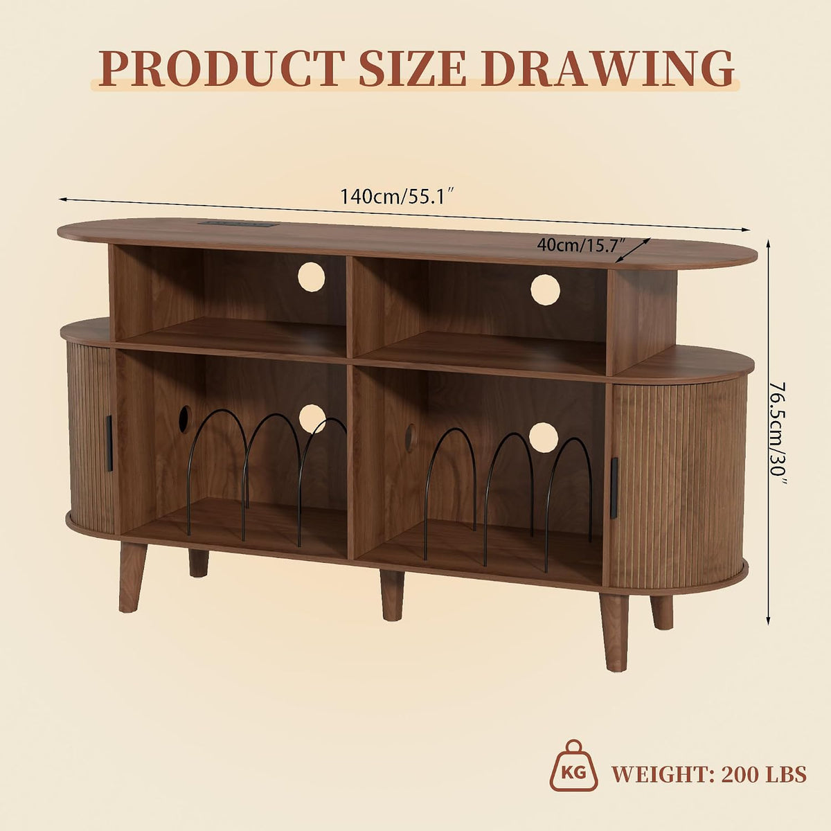 Large Walnut Record Player Stand with Charging Station, Mid-Century Turntable Stand Table, Vinyl Record Player Storage Cabinet for Bedroom, Living Room, Office