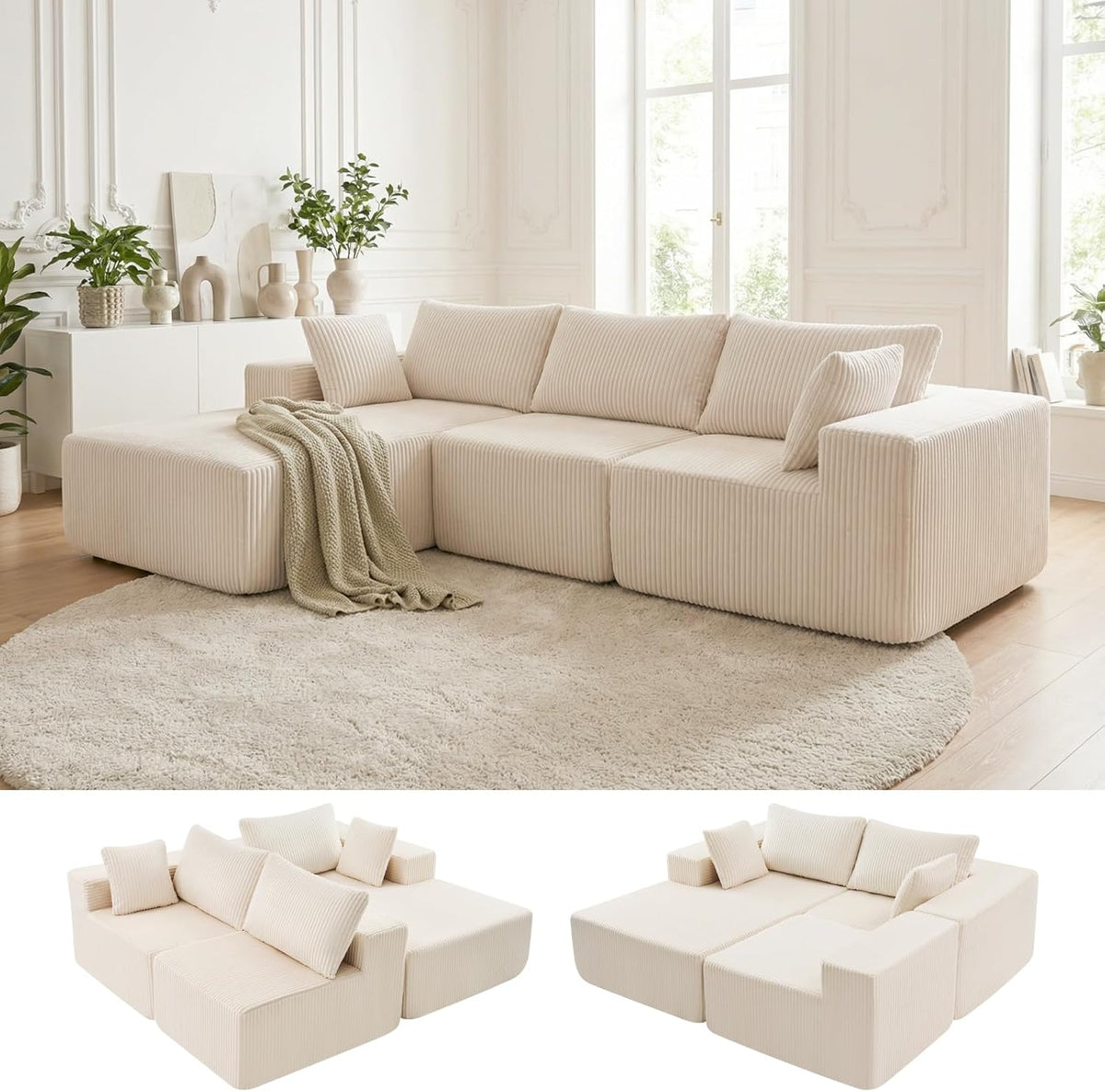 DUMOS 105" L-Shaped Sectional Couch, Left Facing Chaise | Upholstered Corduroy Sofa with 55.7'' Deep Seat for Living Room, Small Apartment, No Assembly in a Box, Beige