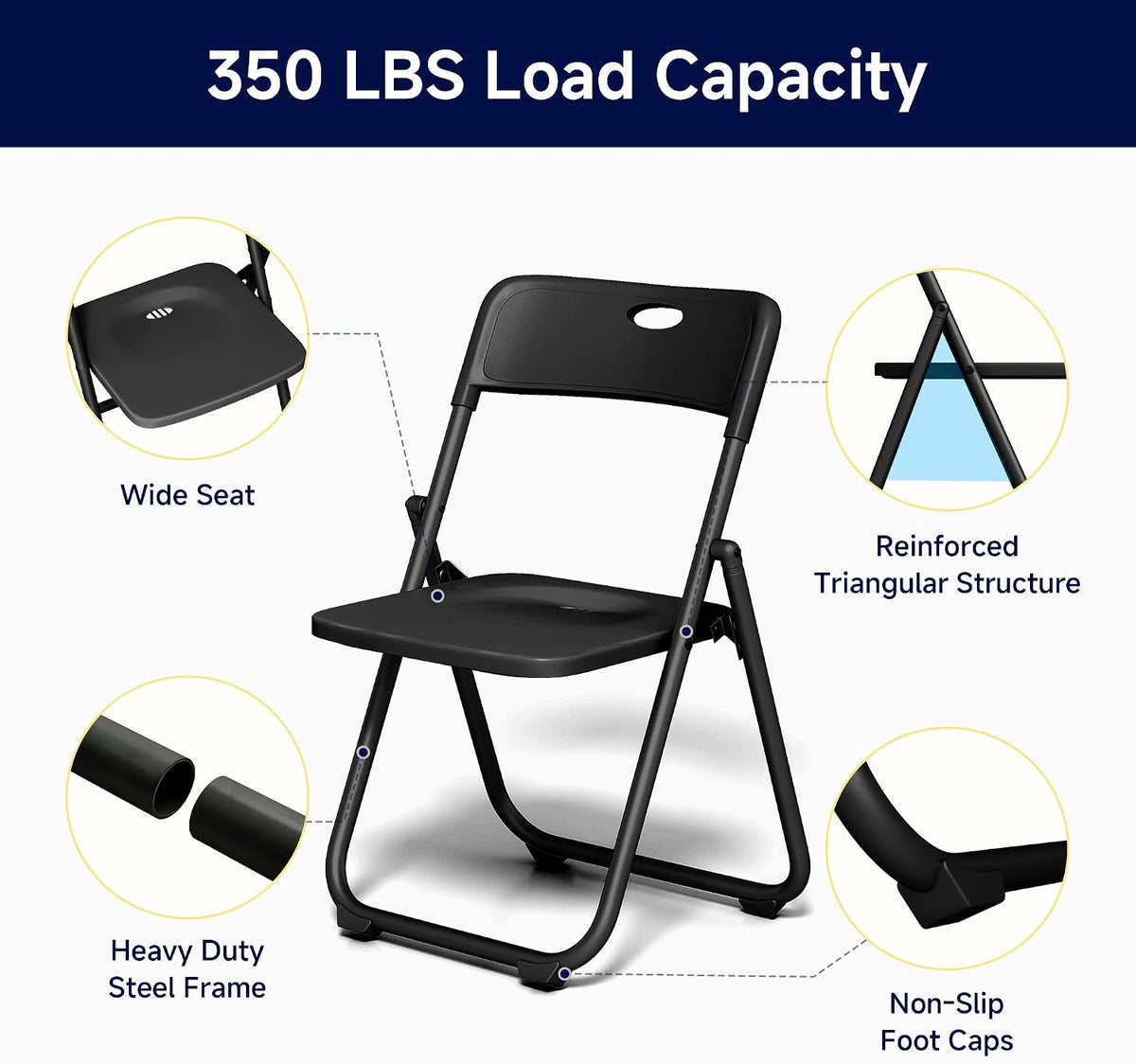 10 Pack Black Plastic Folding Chairs, Lightweight Foldable Chair with 350lbs Capacity, Portable Seat with Sturdy Steel Frame for Indoor & Outdoor Use