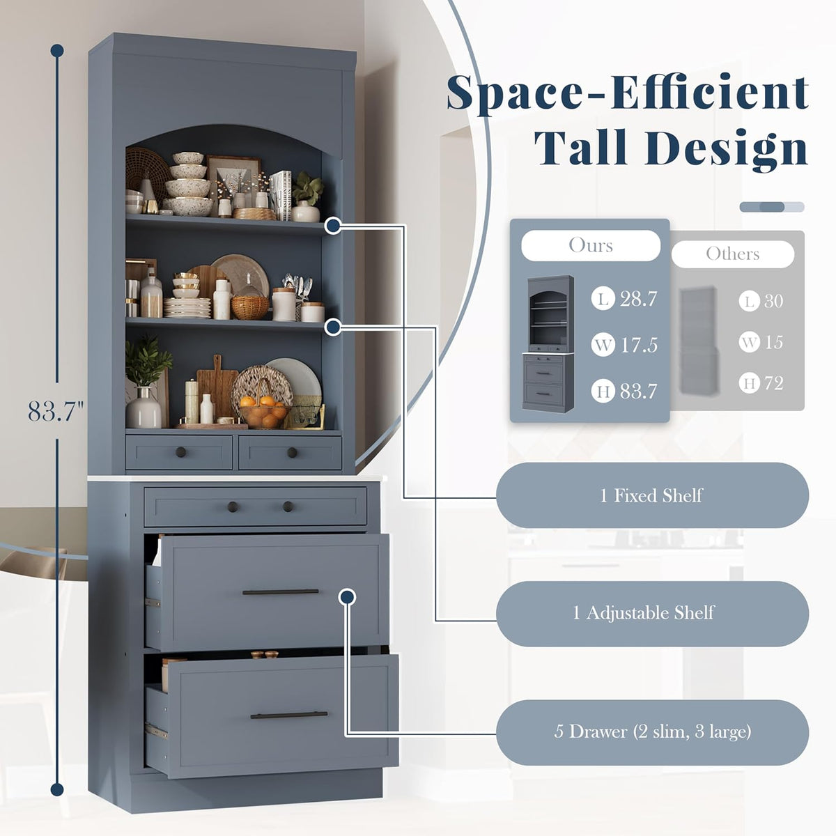 Merax Modern 83.7inch Freestanding Kitchen Hutch with Faux Marble Top, Kitchen Pantry with 5 Storage Drawers and Adjustable Shelf, Set of 2, Gray
