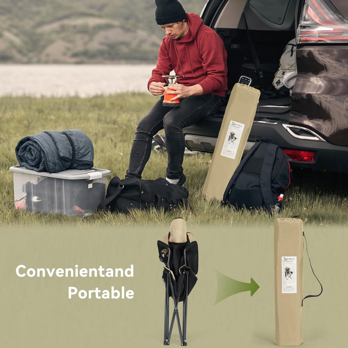 Camping Chairs for Adults, Heavy Duty Camping Chairs 2 Pack, Folding Chairs for Outside, Support 380 LBS, Portable Travel Outdoor Camp Chair with Cup Holder & Cooler Bag, Sports Chairs, Khaki