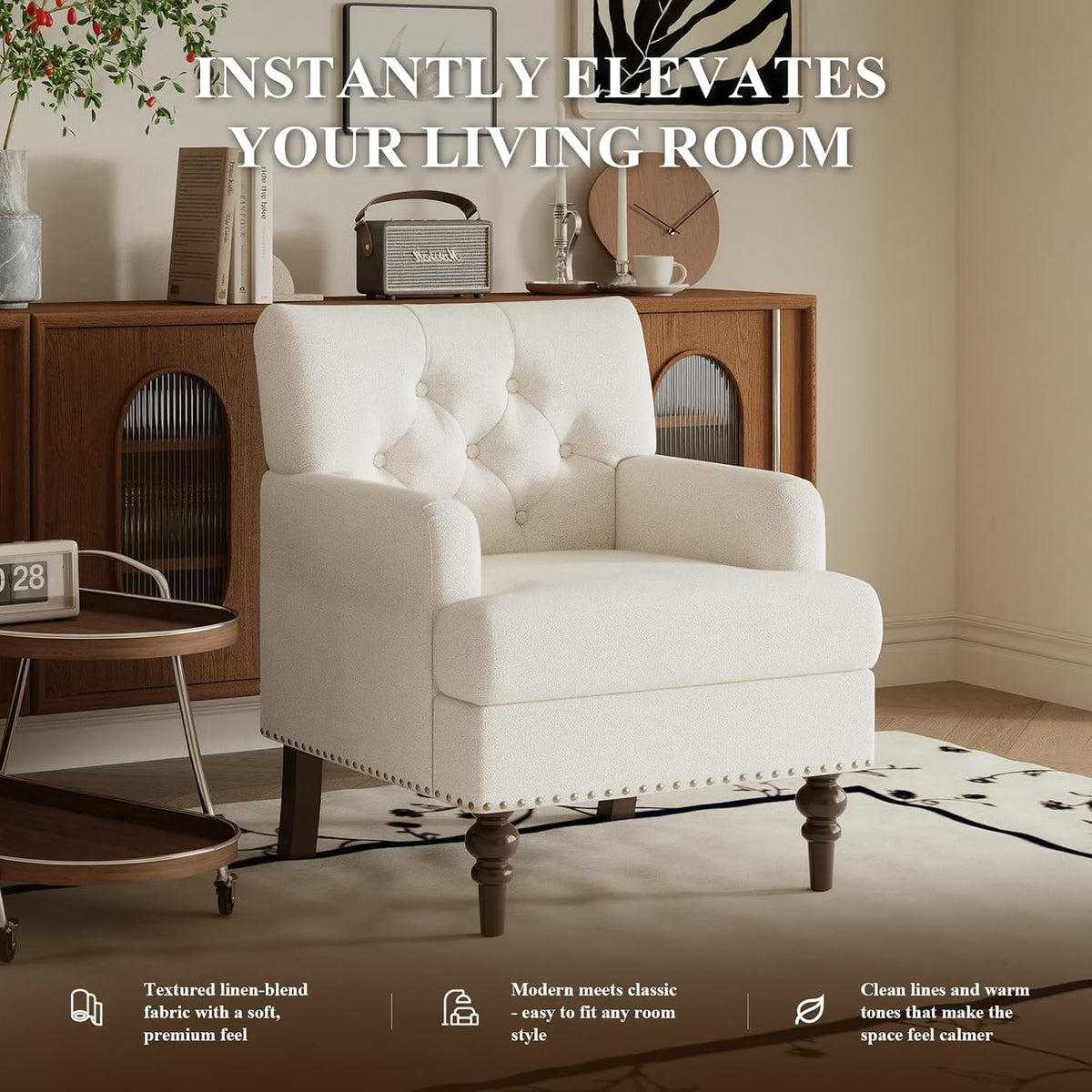 MALOL Modern Accent Chairs Set of 2 for Living Room, Comfy Bedroom Reading Armchair, Upholstered Single Sofa Chair with Thick Cushion &Wood Legs for Small Spaces, Beige