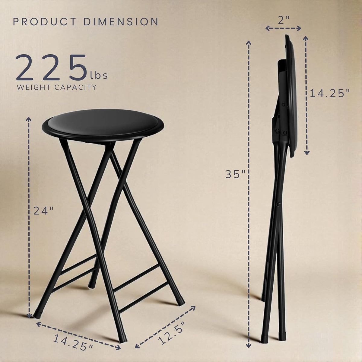 Lavish Home Folding Stool with Padded Backless Seat, Black, 24 Inch | Counter Height Bar Stools with 225lb Capacity, Portable Indoor & Outdoor, Extra Seat for Kitchen, Rec Room or Camping