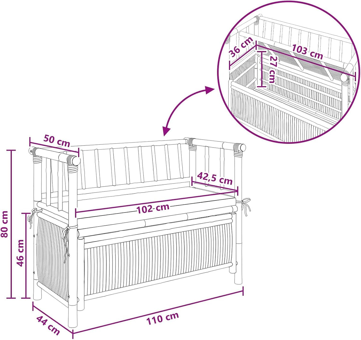 Bamboo Garden Storage Bench 110 x 47 x 80 cm Natural Finish, Outdoor Storage Bench with Hidden Seat Compartment, Post Leg Design for Patio or Indoor Use
