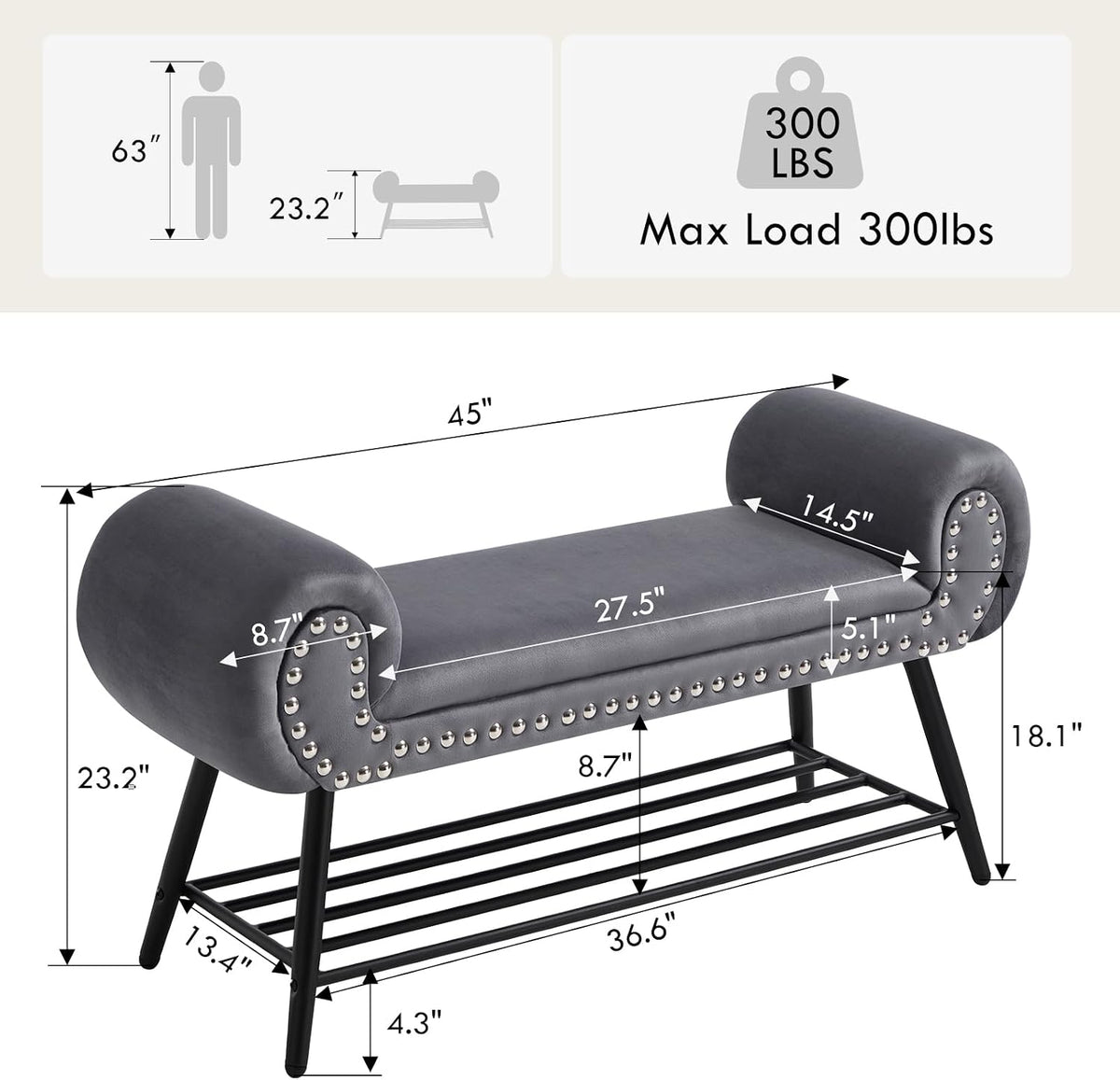 45" Velvet Entryway Bench with Shoe Storage Shelf, Grey | Upholstered bench with rolled arms, nailhead trim, padded seat and metal shelf for shoes, 1 seater, for hallway or bedroom