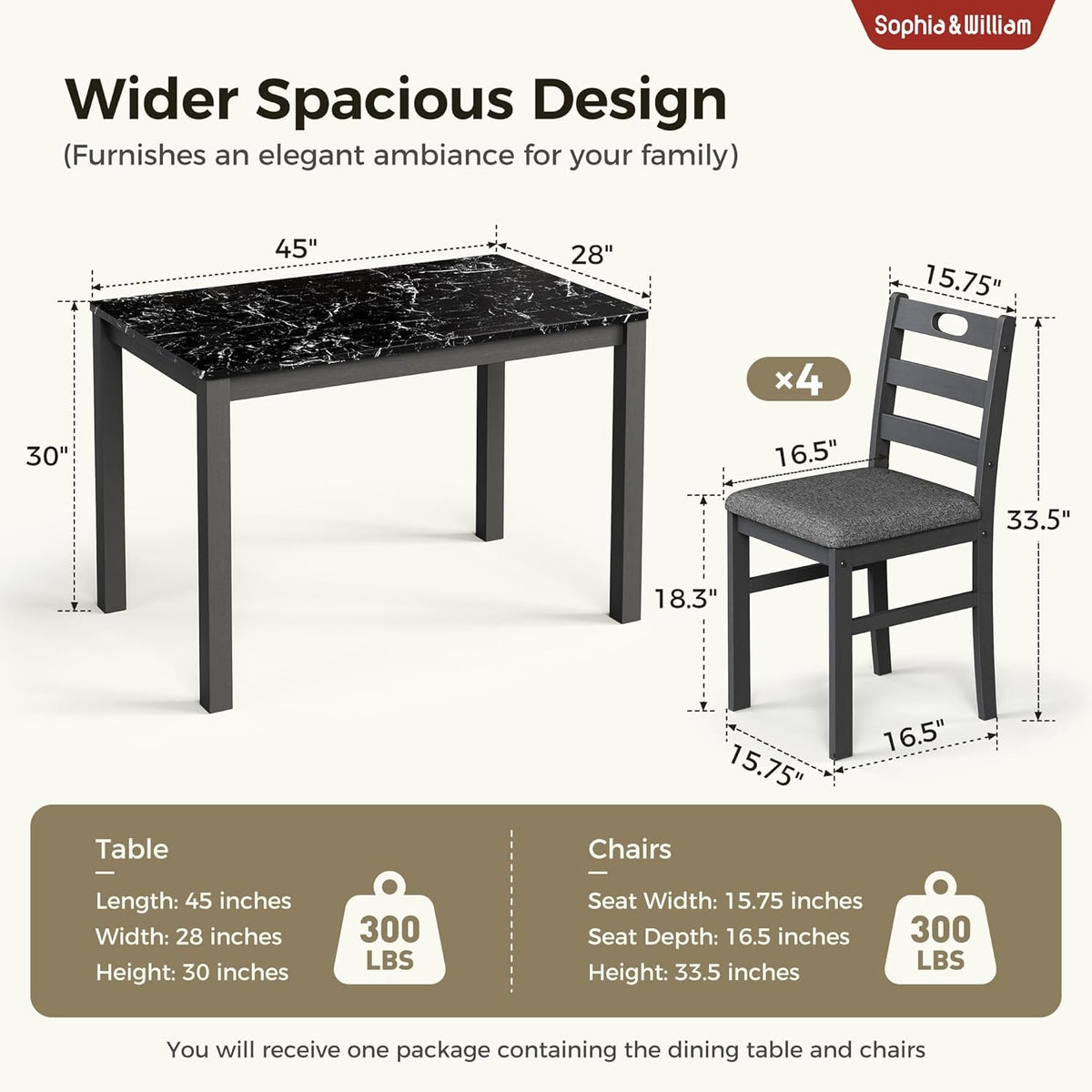Sophia & William 5 Piece Dining Table Set for 4, Faux Marble Kitchen Table and Chairs Set, Solid Wood Farmhouse Dinner Table Set,Veined Black Marble & Gray