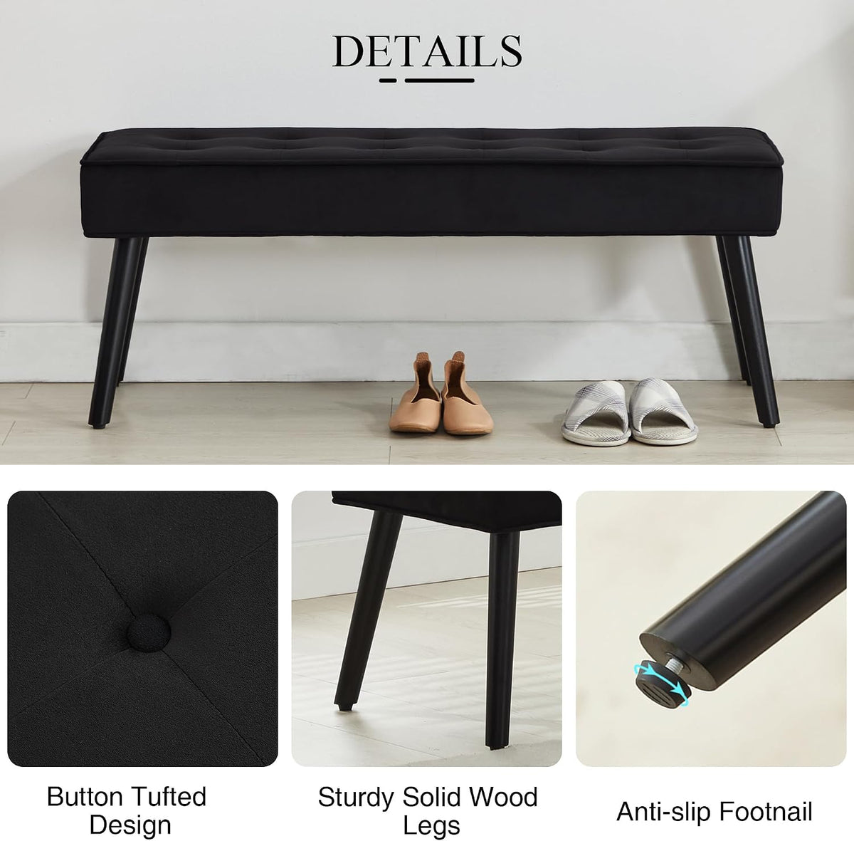 LOULENS 44'' Velvet Entryway Bench, Modern Upholstered Buttons Tufted End of Bed Bench with Solid Wood Legs, Comfortable Bed Ottoman for Bedroom, Living Room, Entryway, Hallway, Black