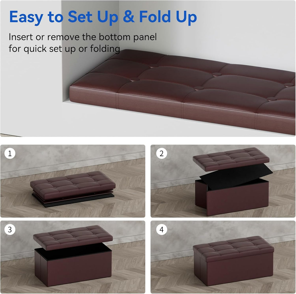 BRIAN & DANY 30 Inches Storage Ottoman Bench, Faux Leather Ottoman with Storage, Folding Bench Shoe, Foot Rest Stool, for Living Room, Brown