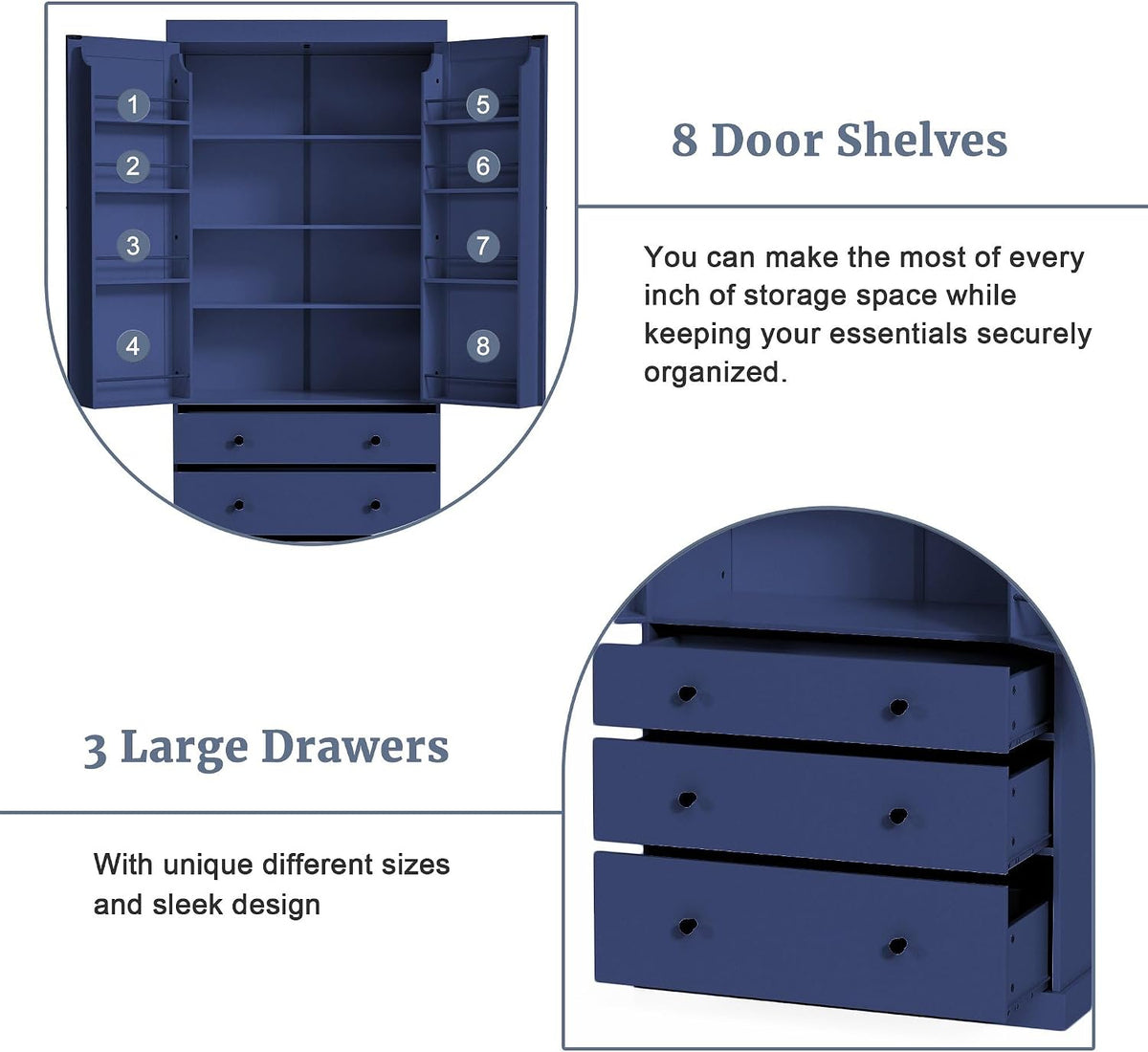77" Tall Farmhouse Kitchen Pantry Cabinet, Freestanding Food Storage Cupboard with 3 Adjustable Shelves, 8 Door Shelves & 3 Drawers for Kitchen & Dining Room, Blue
