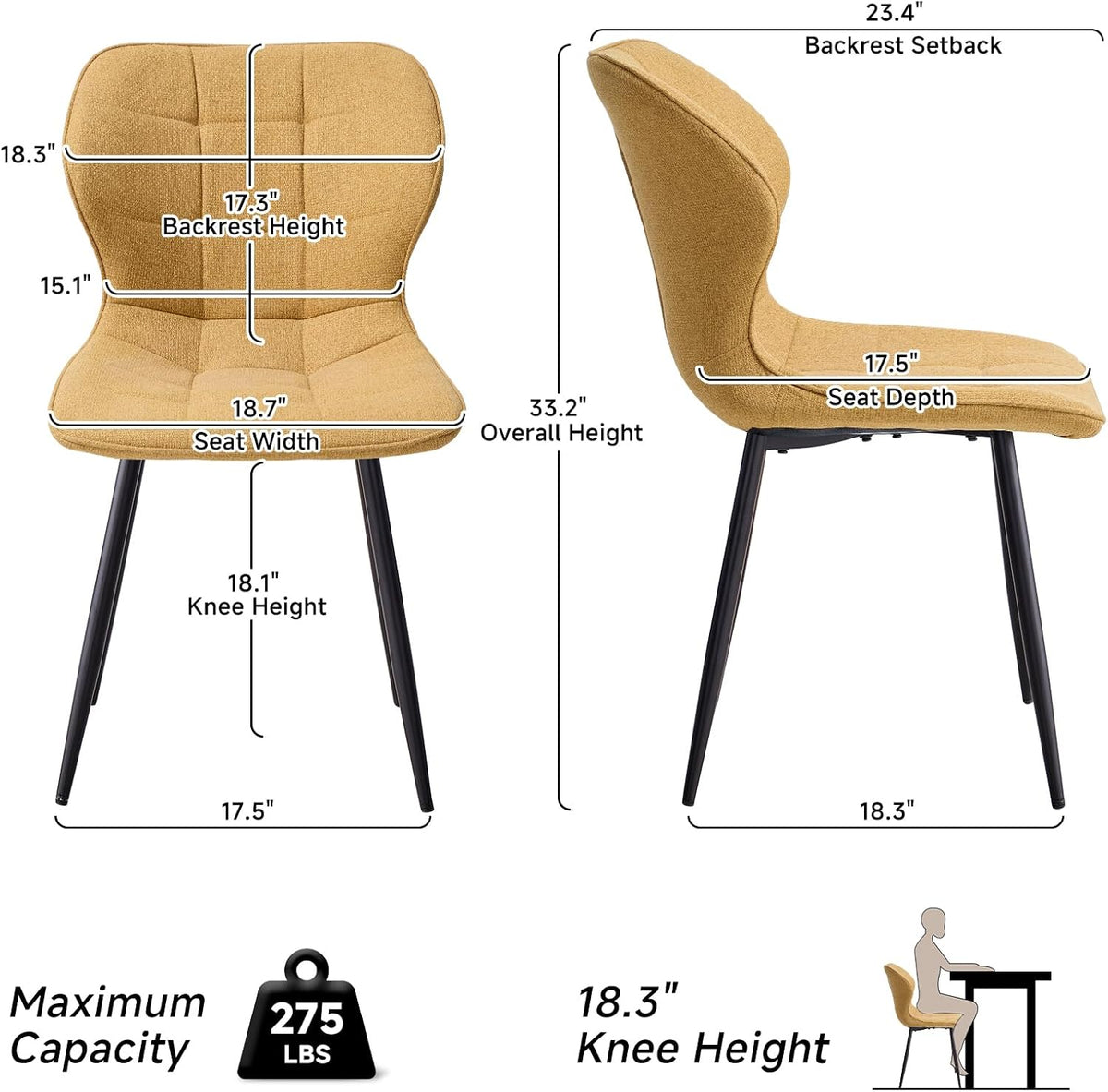 Modern Upholstered Dining Chairs Set of 4, Yellow(Only Chairs) | Armless Curved Backrest Dining Room Chair Water Resistant Fabric Kitchen Chairs with Adjustable Foot Pads for Living Room