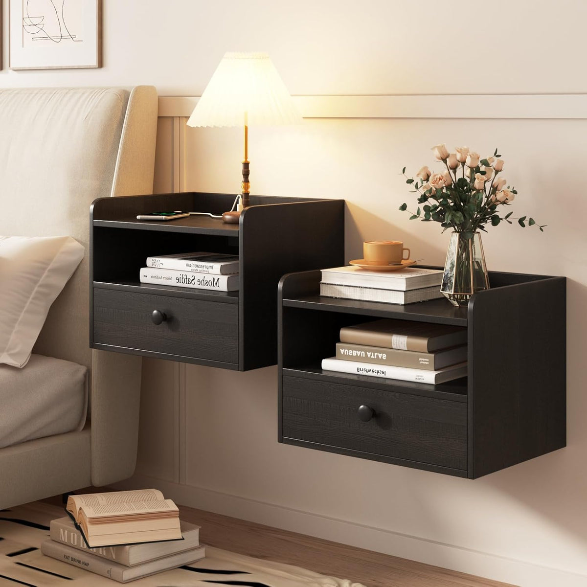 Floating Nightstand Set of 2 Modern Night Stands with Drawer and Open Shelf | Cubby Small Bedside End Table with Charging Station Wall Mounted Nightstands Set 2 for Bedroom Black