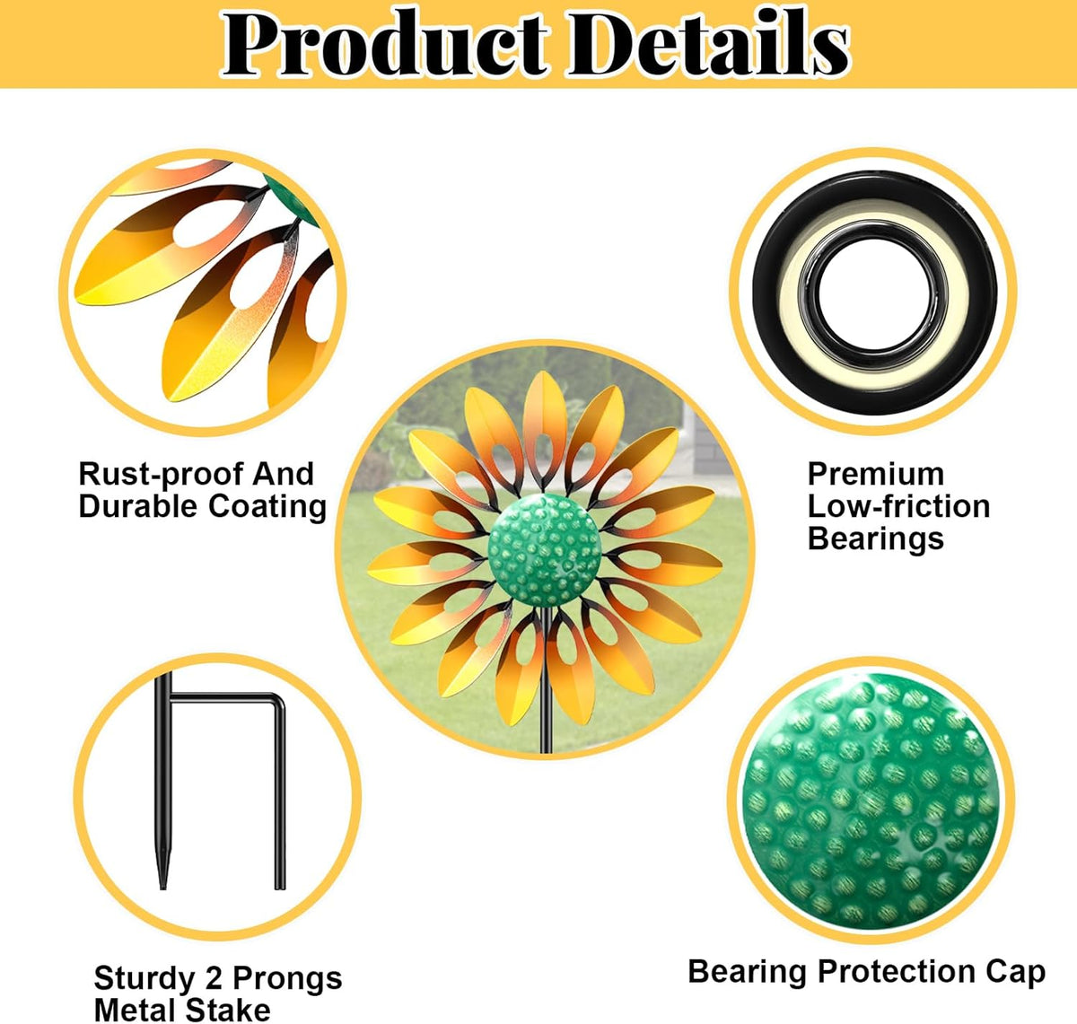 Sunflower Wind Spinners Outdoor, MeyRolizn Metal Pinwheel Wind Sculpture with Stake, Small Windmill for Garden Lawn Yard Patio Outside Art Decor(1pcs-Yellow)