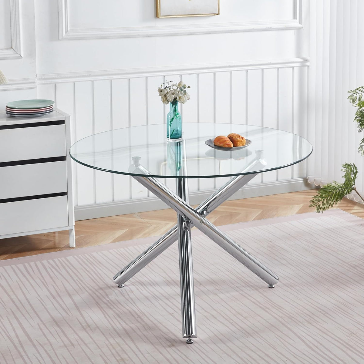 Modern Dining Room Table for 4 People, 36" Round Dining Table with Silver Chrome Metal X-Base, Circle Tempered Glass Dining Room Tables, Small Dining Table Kitchen Tables Dinner Tables