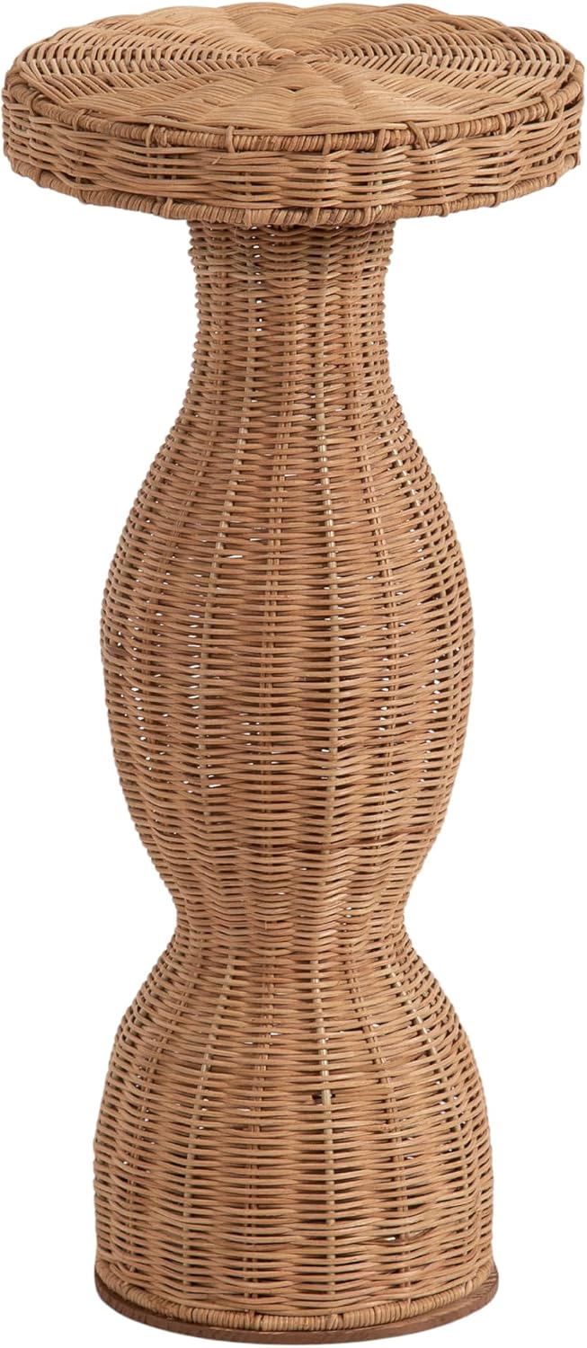 Kate and Laurel Sula Modern Woven Rattan Round Drink Table, 10 x 10 x 22, Natural Rattan, Boho Sculptural Circle Mini Table for Use as Indoor Plant Stand or Living Room Accent Table